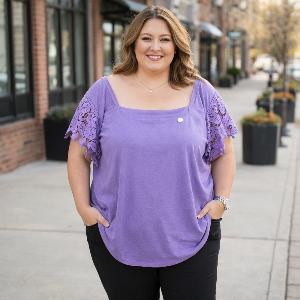 dC Jeans Plus Size Lavender Cotton Blend Lace Sleeve Square Neck Top